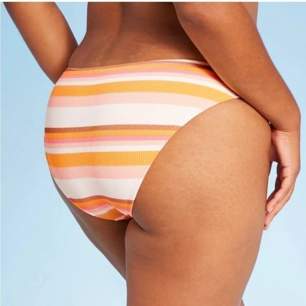 Xhilaration Ribbed Striped Cheeky Bikini Bottom Womens XL Yellow Orange NWOT